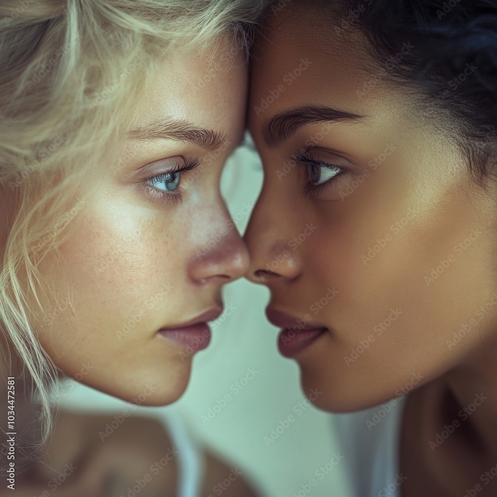 two women are touching noses in a mirror two women are touching noses in a mirror