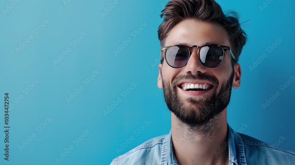 Obraz premium Happy summer style man in stylish sunglasses on blue wall