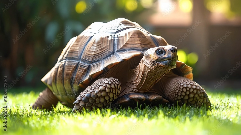 Fototapeta premium Giant tortoise grazing on grass in a serene environment