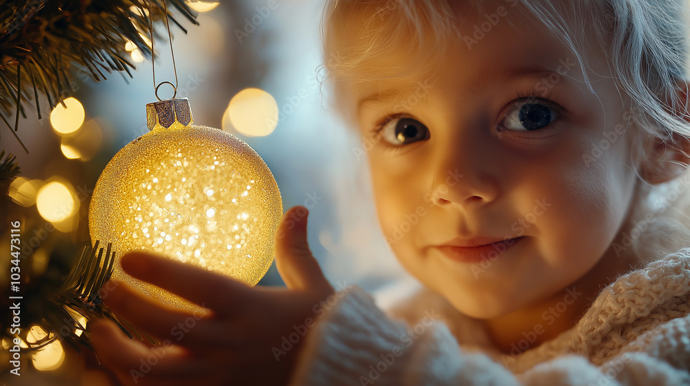 Naklejka premium A young child secretly placing a handmade ornament on a grandparent’s Christmas tree as a surprise gift – A moment of joy and surprise, filled with the happiness of simple yet mean