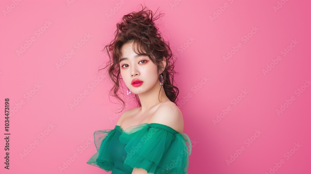 Stylish Asian Woman with High Curly Updo, Red Lips, Green Off-Shoulder Top, Minimalist Pink Background, Natural Glow, Soft Makeup, Fashion Vibes, Copyspace for Text
Stylish Asian Woman with High Curly Updo, Red Lips, Green Off-Shoulder Top, Minimalist Pink Background, Natural Glow, Soft Makeup, Fashion Vibes, Copyspace for Text