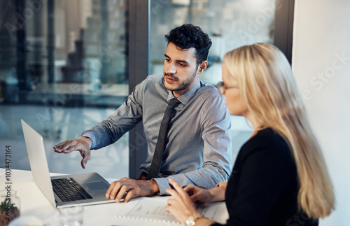 Training, laptop and team with business people in office for corporate treasurer, company liquidity and investment. Portfolio manager, planning and capital funds with employees in financial firm photo