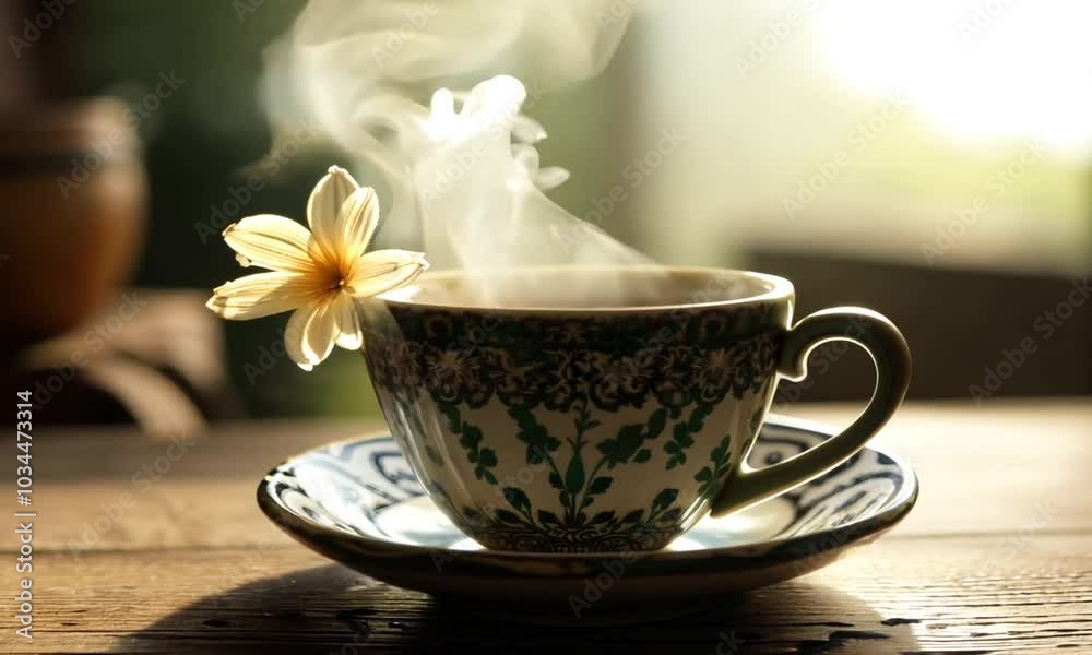 A cup of tea is on a wooden table with a flower on top of it Video
A cup of tea is on a wooden table with a flower on top of it Video