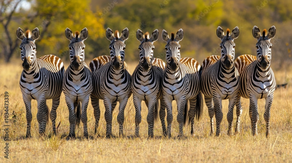 Fototapeta premium Herd of zebras standing together, highlighting their unique stripes