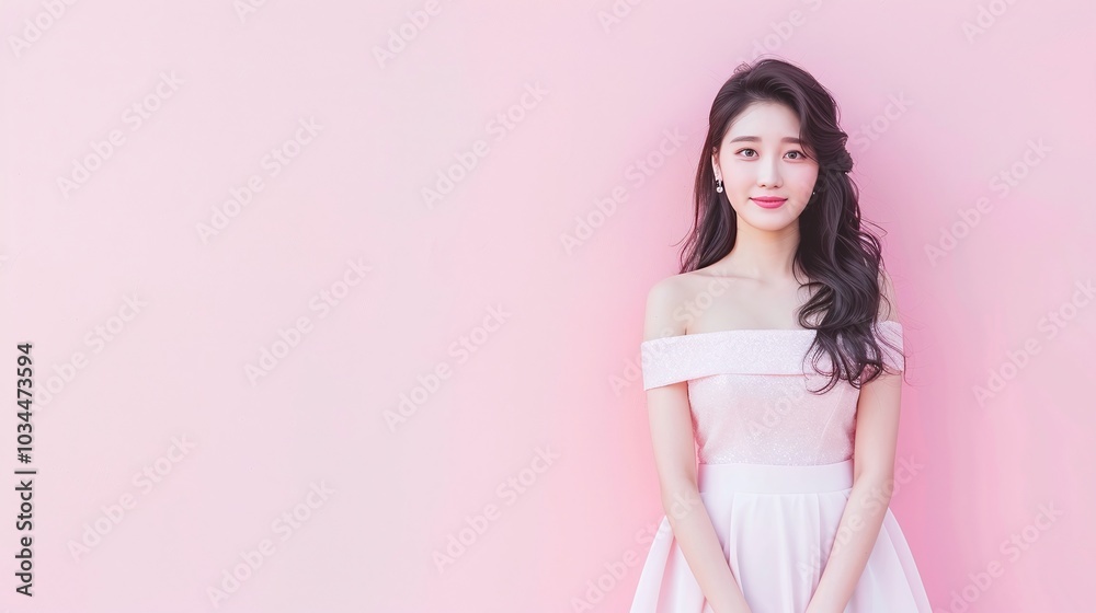 Charming Asian Woman with Long Wavy Hair, Soft Pink Dress, Natural Makeup, Rosy Cheeks, Minimalist Pink Background, Sweet Expression, Glowing Skin, Feminine Beauty, Copyspace for Text

