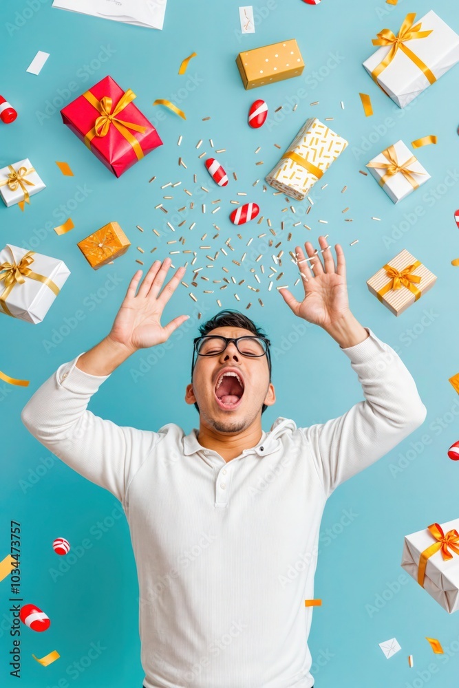 Young man screaming in holiday chaos with falling gifts and confetti, funny Christmas stress concept