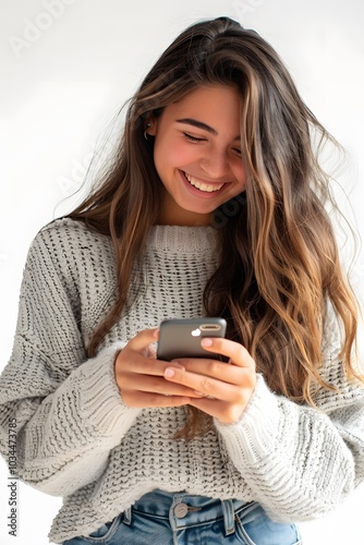 Happy young woman using cell phone white background