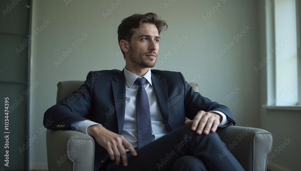 Young man in business suit waiting for an interview indoors sitting on a chair Young man in business suit waiting for an interview indoors sitting on a chair