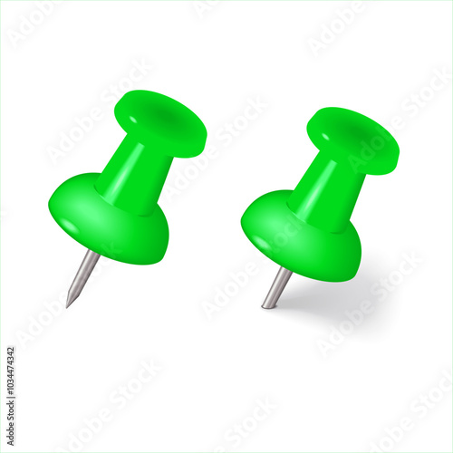 The green Colorful thumbtack. Glossy plastic pin tacks. Green pushpin icon isolated on white. Pins tacks. Realistic pushpins. Vector 3d illustration. Office stationery. 