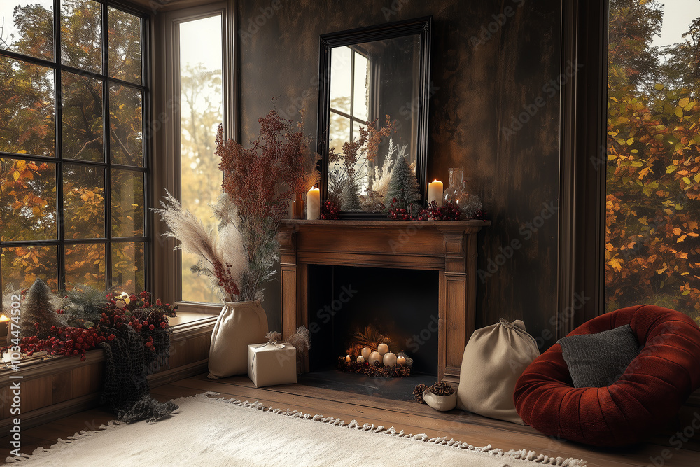 Fototapeta premium Wystrój domu - aranżacja wnętrz - 293 - Lustro nad kominkiem w salonie z oknem