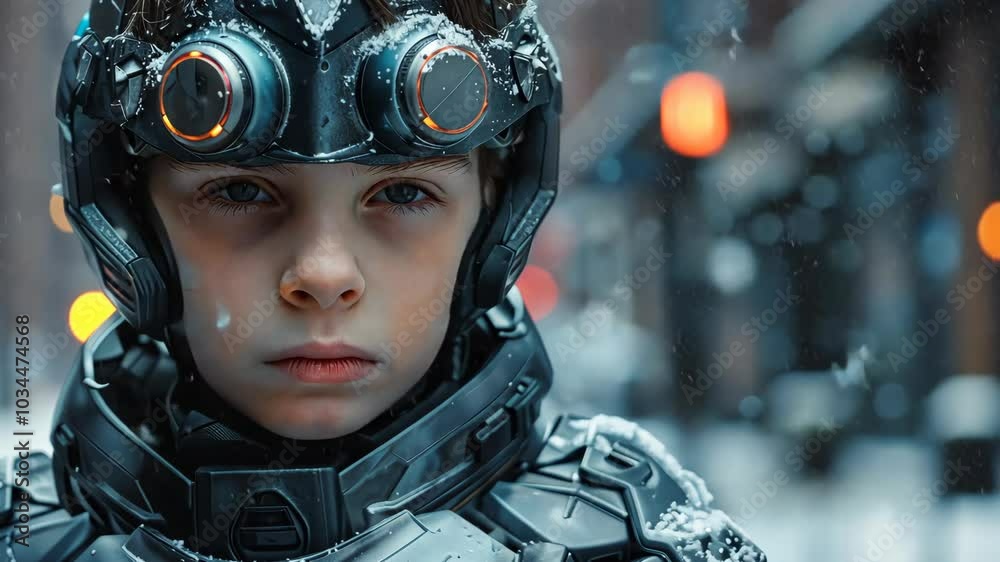 A young boy in a futuristic helmet stands in a snowy urban environment A young boy in a futuristic helmet stands in a snowy urban environment
