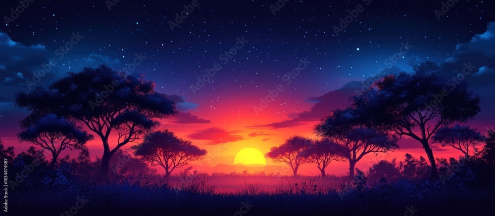 Silhouettes of Trees Against a Vibrant Sunset and Starry Night Silhouettes of Trees Against a Vibrant Sunset and Starry Night