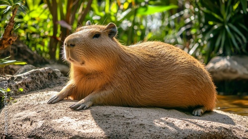 Inquisitive capybara lounging by a riverbank