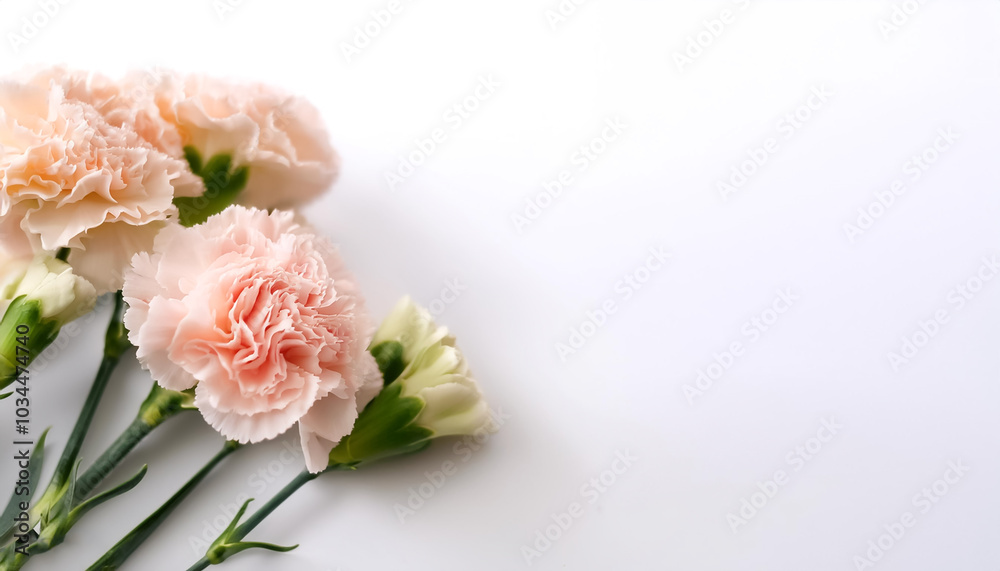 Carnation Flower with leaves pattern on side position provides copy space for text. background concept isolated white Carnation Flower with leaves pattern on side position provides copy space for text. background concept isolated white