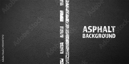 Asphalt road with white cracked lane marking, concrete highway surface, texture. Street traffic line, road dividing strip. Pattern with grainy structure, grunge stone background. Vector illustration