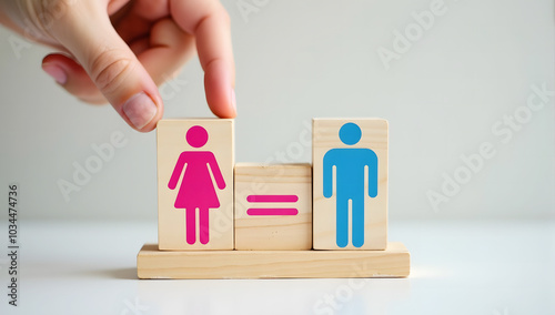 gender equality. Hand flip wooden cube with symbol unequal change to equal sign