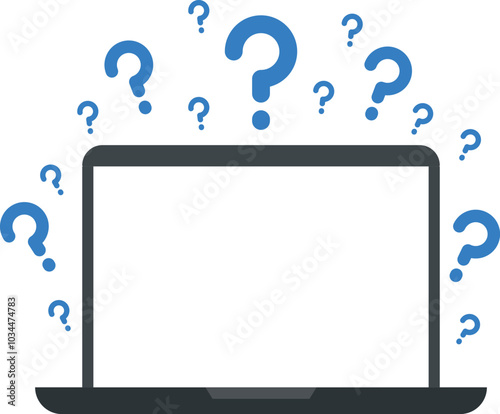 Laptop with question marks. Research problem concept icon