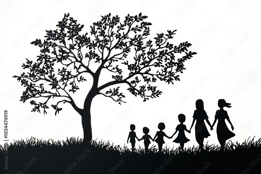 Silhouette of Family Holding Hands Under Tree at Sunset