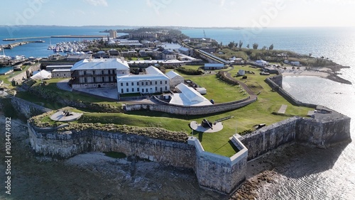 Hamilton, Bermuda - March 28, 2024: Overhead shots of the antique fort which was converted into the National Museum of Bermuda, taken using a dji 4 mini pro.