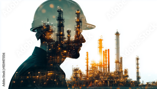 Double exposure of an oil and gas worker's silhouette wearing a helmet in front of the backdrop of an industrial plant, a concept for the energy industry's technolog