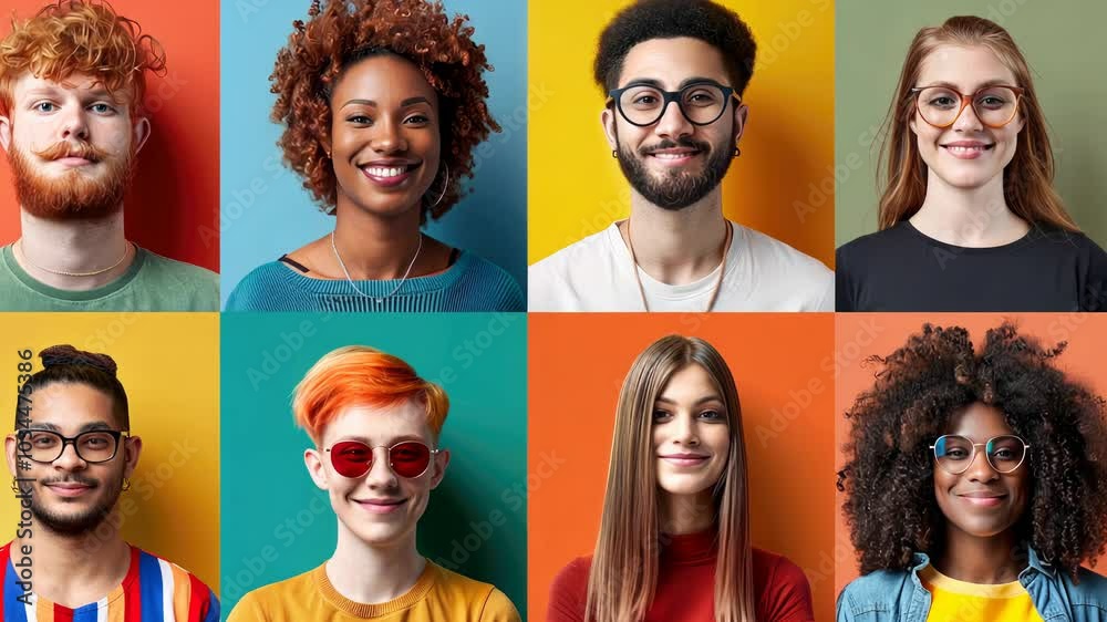 A diverse ensemble of young adults poses with distinct hairstyles and fashionable outfits against bright backgrounds, emphasizing individual expression