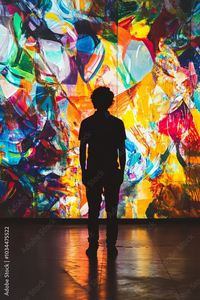 Silhouette of a Person Standing Against a Vibrant Abstract Art Background Silhouette of a Person Standing Against a Vibrant Abstract Art Background