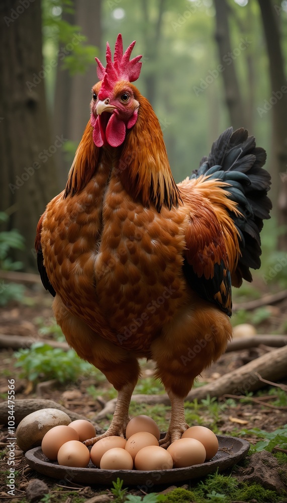 Fototapeta premium Proud rooster standing on a nest of eggs in a forest setting