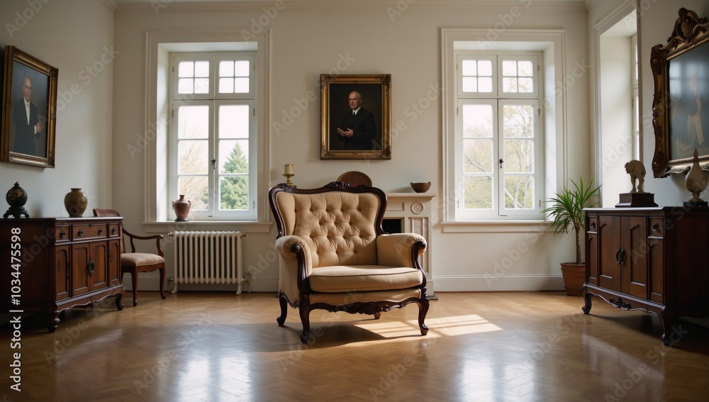 Fototapeta premium A spacious room adorned by wooden floors and expansive windows