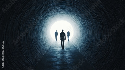 A mysterious scene showing silhouettes of individuals walking towards a bright light at the end of a dark tunnel.