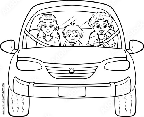 Familia viajando en un automóvil, ilustracion vectorial en blanco y negro sin color.