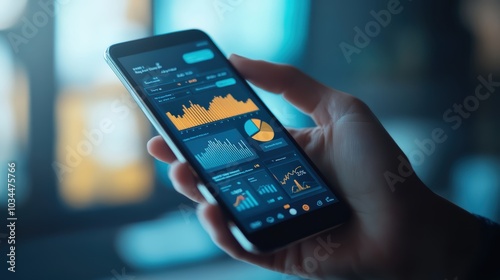 Wallpaper Mural A close-up of a hand holding a smartphone, displaying a financial app with interactive charts, capturing the essence of modern business insights and sudden innovative thoughts Torontodigital.ca