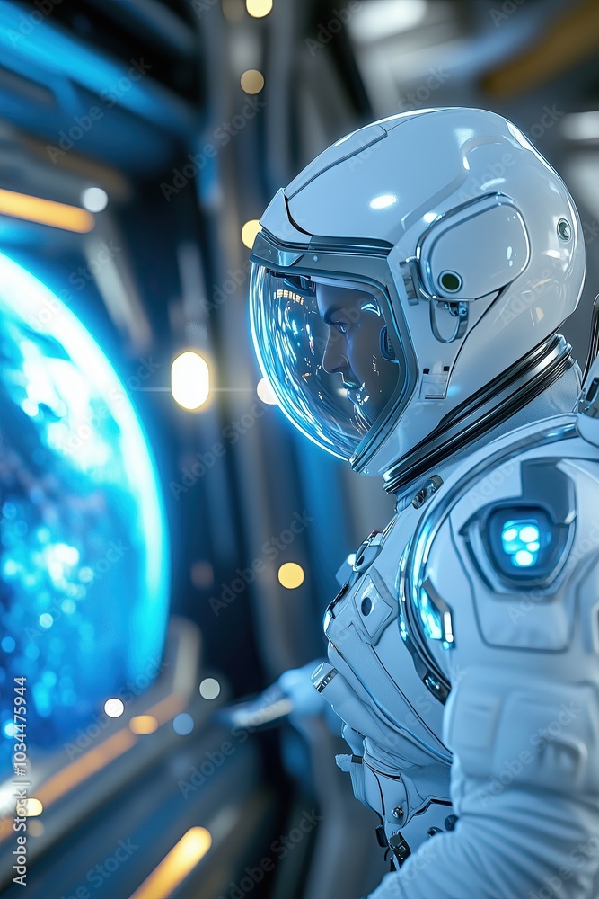 An Astronaut Gazes out at Earth and Planets From a Spaceship Window in Deep Space An Astronaut Gazes out at Earth and Planets From a Spaceship Window in Deep Space