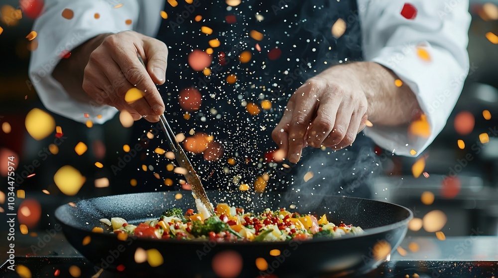Obraz premium A chef stirs a colorful dish in a frying pan, surrounded by vibrant spices and ingredients, showcasing culinary artistry and passion.