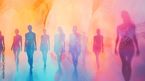 Abstract Silhouettes of People Walking in Colorful Dreamlike Landscape