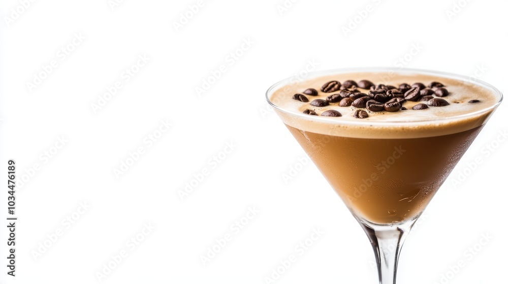 A creamy espresso martini with coffee beans on top, set on a white background for an upscale restaurant menu A creamy espresso martini with coffee beans on top, set on a white background for an upscale restaurant menu