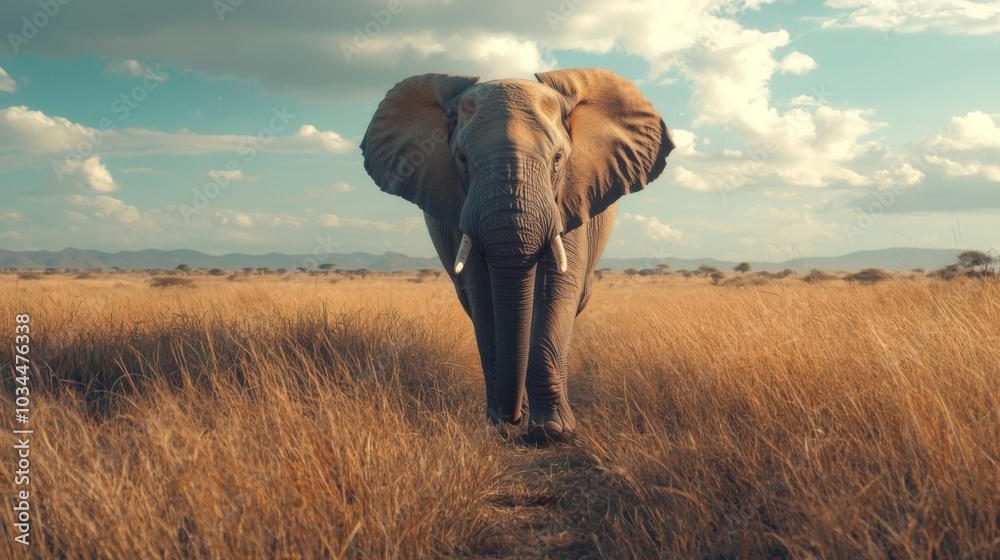 Fototapeta premium Majestic elephant wandering through a savanna landscape