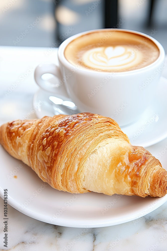 Enjoying a Fresh Croissant With a Warm Cup of Coffee in the Morning Sunlight Enjoying a Fresh Croissant With a Warm Cup of Coffee in the Morning Sunlight