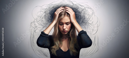 Woman in despair with depression in burn out phase holding hands against head