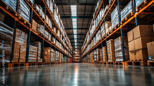 Rows of metal racks filled with inventory in a large industrial warehouse, showcasing stock management. 