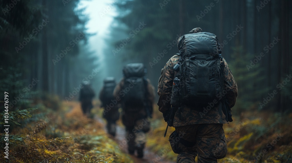 A group of soldiers, carrying large backpacks, treks along a narrow trail in a misty forest, surrounded by tall trees and underbrush. A group of soldiers, carrying large backpacks, treks along a narrow trail in a misty forest, surrounded by tall trees and underbrush.