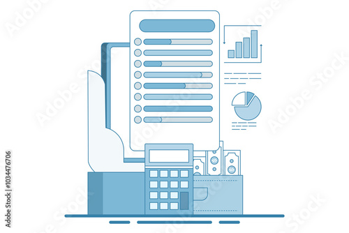 Budget tracker via device, Budgeting app manage finance by tracking income, designed to help spending, for website, homepage, landing page, template, banner in modern flat style.