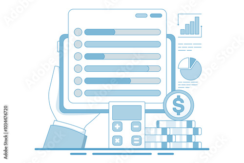 Budget tracker via device, Budgeting app manage finance by tracking income, designed to help spending, for website, homepage, landing page, template, banner in modern flat style.