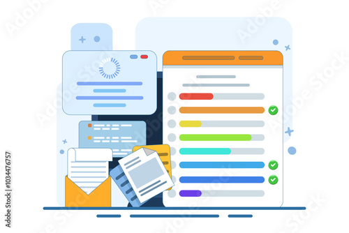 Task dashboard concept on laptop with calendar clipboard checklist. email campaign, social media marketing. Project management, work deadline concept. flat vector illustration.