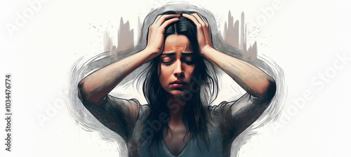 Woman in despair with depression in burn out phase holding hands against head