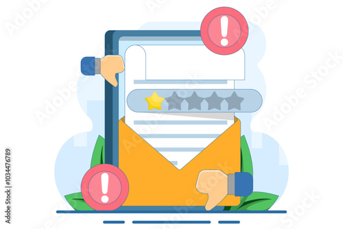 Bad review and rating email concept. Customer satisfaction, buyer, client. Customer is dissatisfied and gives 1 star rating. Giving one star because of dissatisfaction and disappointment. Complaint.