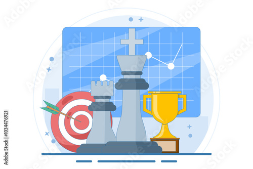 business and marketing strategy concept, Strategic planning and tactics in business, Analyzing projects, Financial reports, Strategic thinking, Financial analysis, Flat vector illustration template.