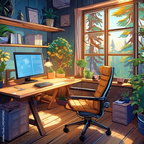 Remote work space at home in beautiful and inspiring appartment illustration concept with computer on desk