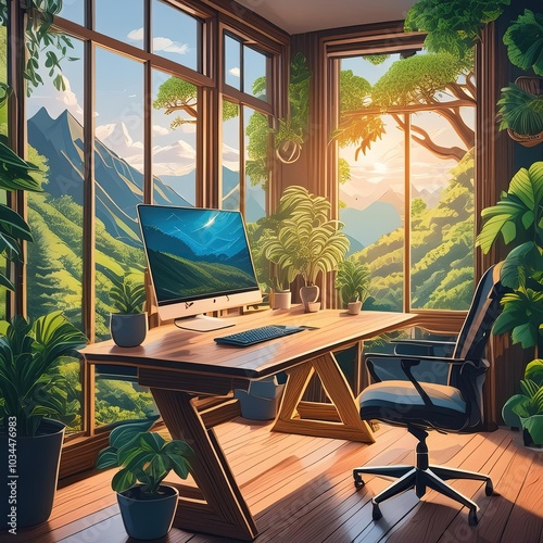 Remote work space at home in beautiful and inspiring appartment illustration concept with laptop on table