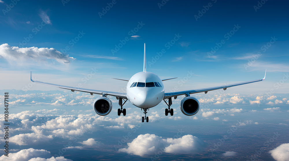 Fototapeta premium airplane front view, flying in the sky, good weather, sunny day