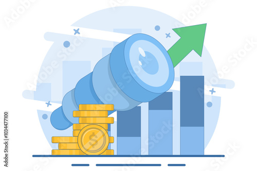 business opportunity concept. vision and future. seeking profit and money. a visionary seeks opportunities and chances to succeed using a telescope. flat vector illustration on background.